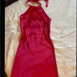 Pink Satin High Neck Midi Dress |